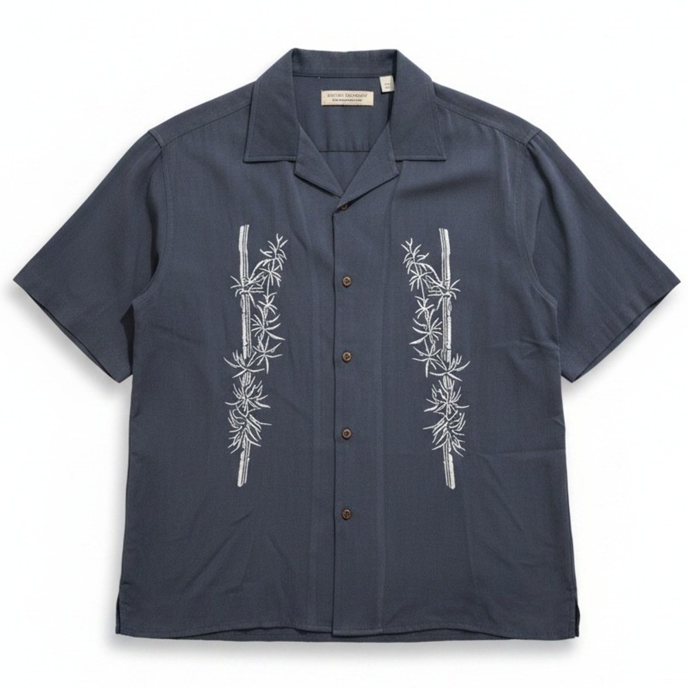 Island Republic Silk Bamboo Embroidered Camp Shirt, Blue Gray, Men's Large